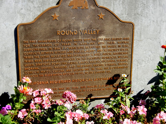 Historical plaque describing the history of Round Valley near Covelo, California, site of the Alan Chadwick Garden