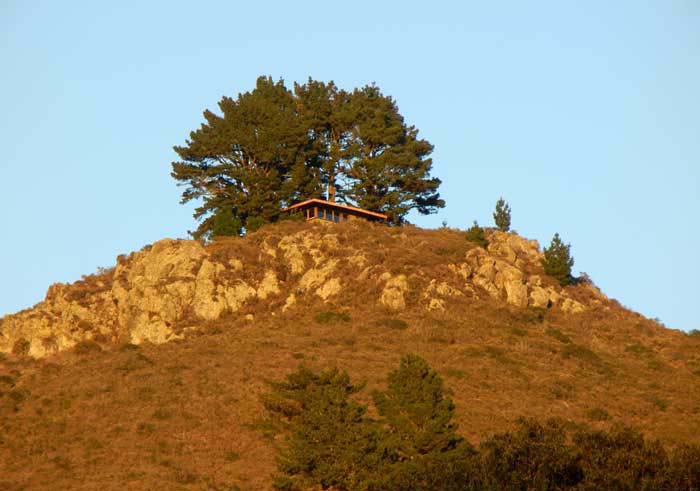 A closer view of the Wheelwright Cottage on the ridge above Green Gulch Farm