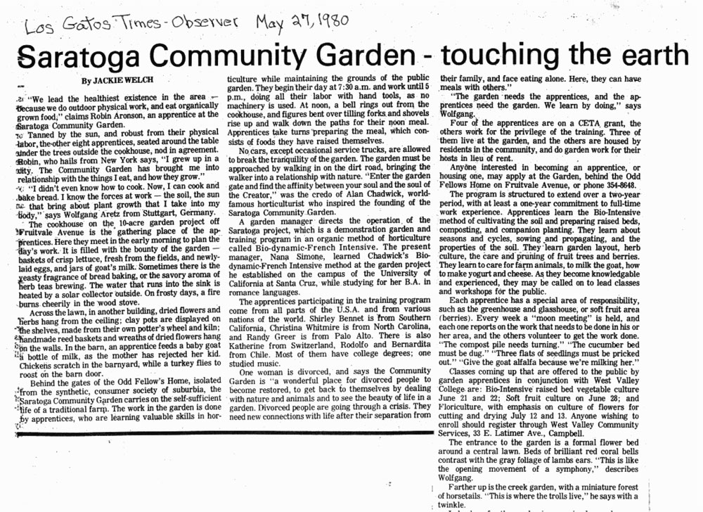 Saratoga Community Garden, article by Jackie Welch, 1980