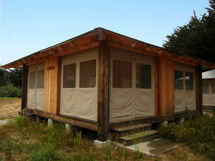 A close-up of one of the tent cabins where apprentices live during their work on the UCSC Agroecology Program